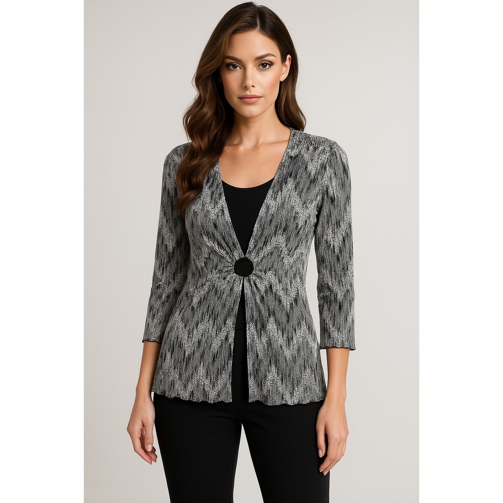 Notations Cardigan Top Womens L Black White Pleated‎ Abstract Ring Front 2 in 1